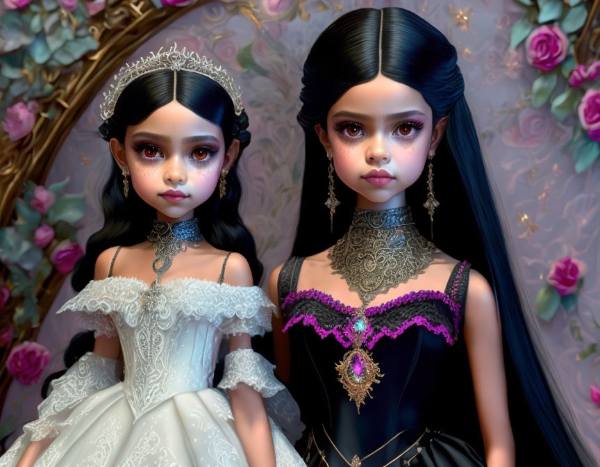 Gothic dolls in detailed attire against floral background