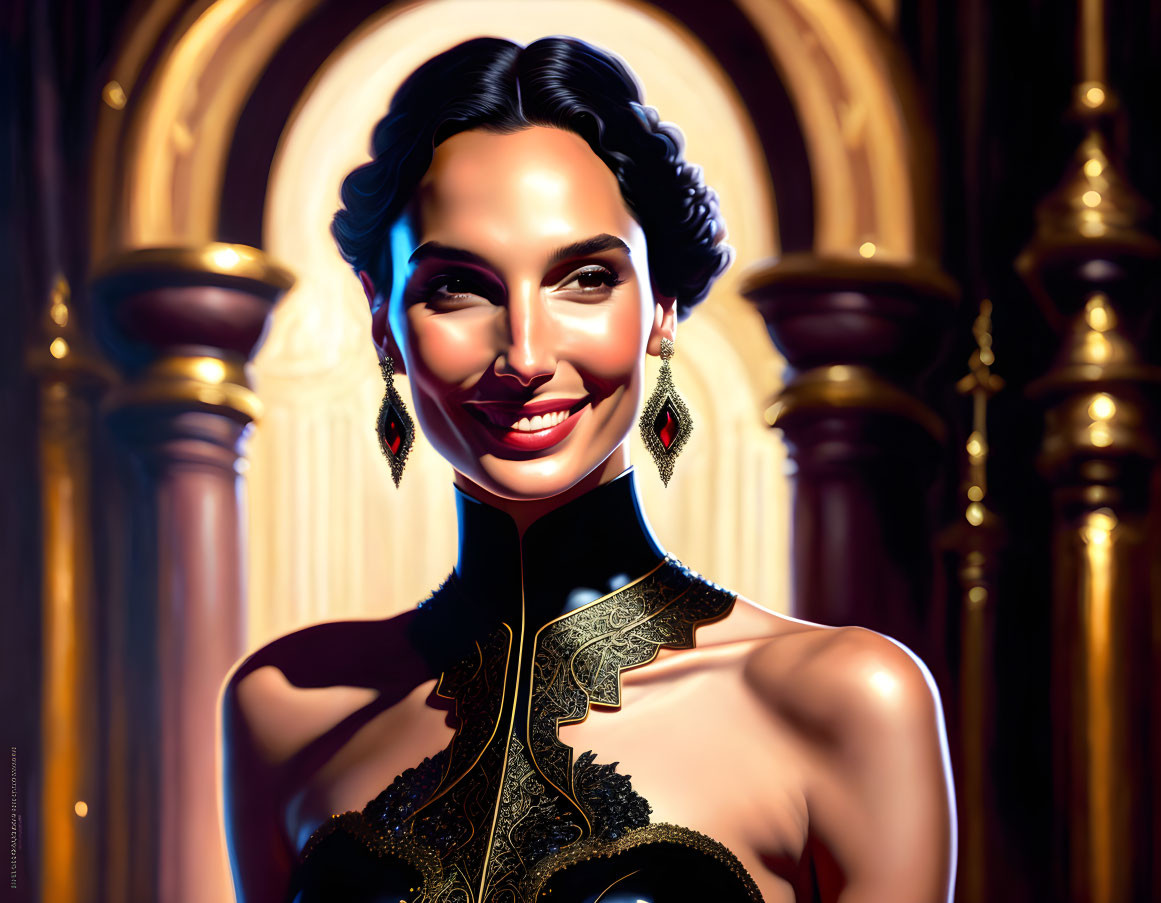 Digital portrait of a smiling woman in black outfit with earrings against golden arches