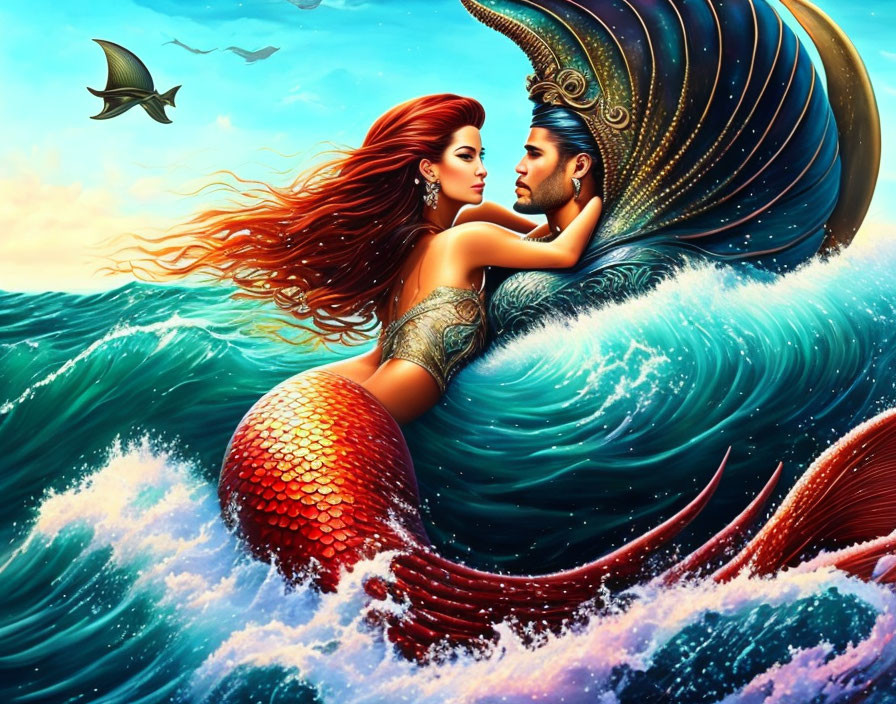 Colorful Mermaid and Fish-Tailed Man Embrace in Ocean Scene