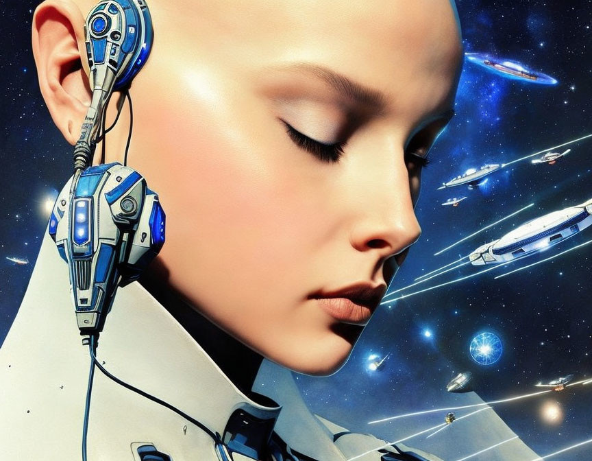 Female android with half-human, half-machined features in space setting.