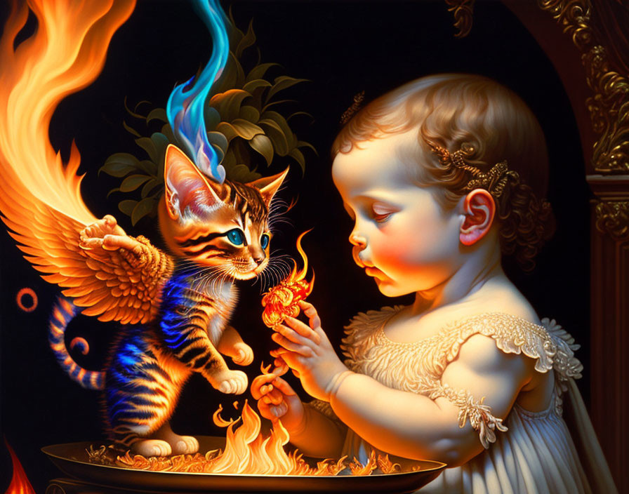 Child with angelic wings and winged kitten near fiery flower in fiery setting