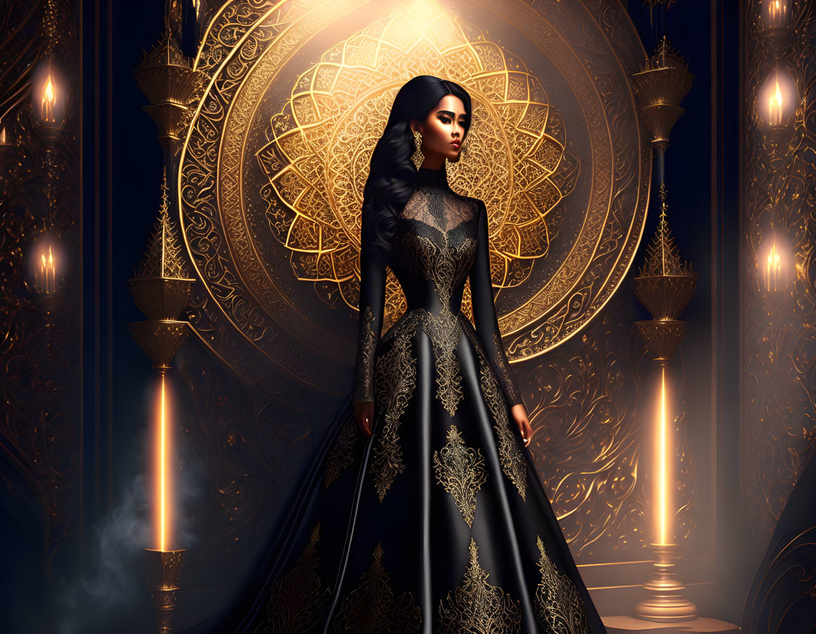 Regal woman in black and gold gown with glowing candles in ornate setting