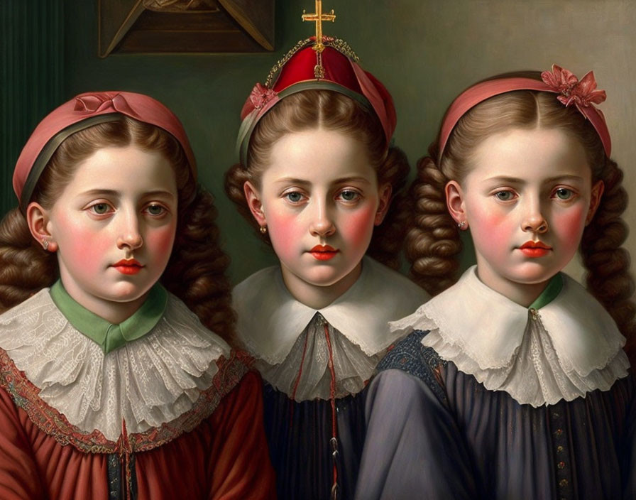 Triplets in red headbands and period dresses with a crown