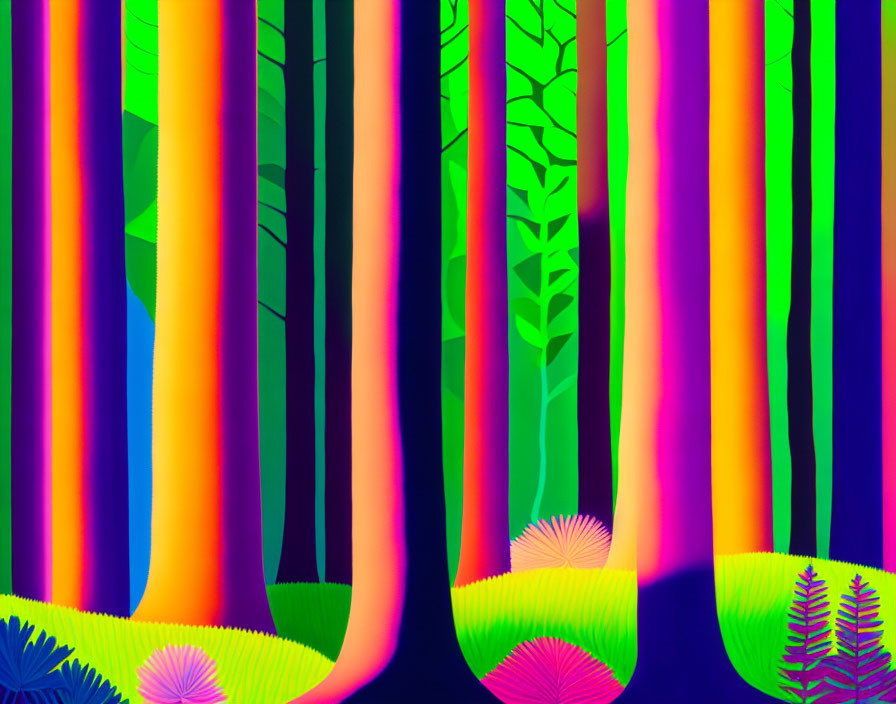 Colorful Neon Forest with Surreal Trees and Stylized Foliage