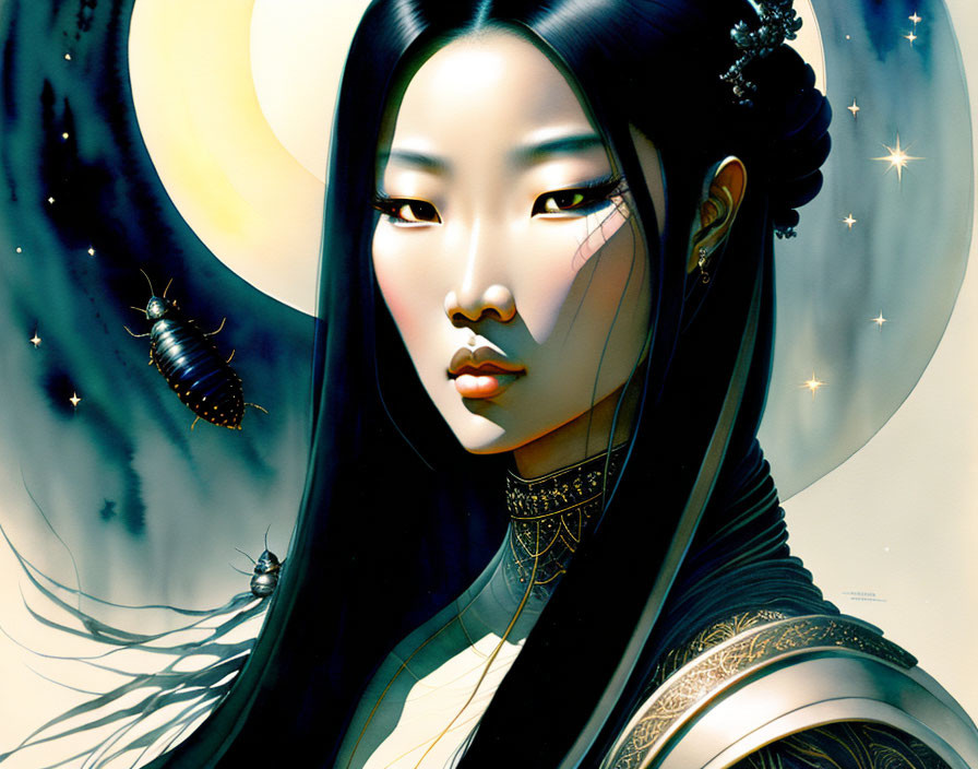 Asian woman in traditional attire with radiant skin against moon and stars.