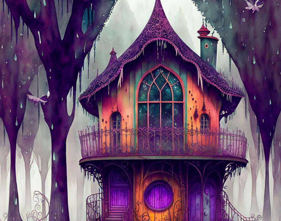 Whimsical treehouse in misty forest with butterflies and birds