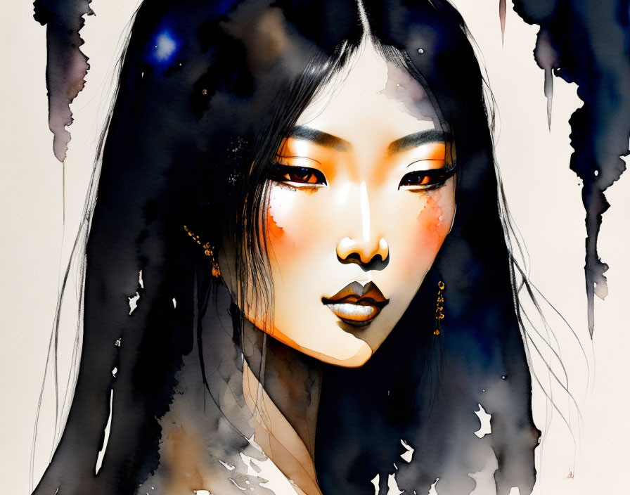 Portrait of a woman with warm-toned makeup in watercolor and ink splashes