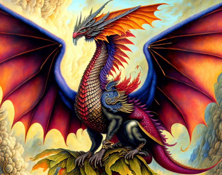 Colorful Dragon with Expansive Wings Perched on Crag