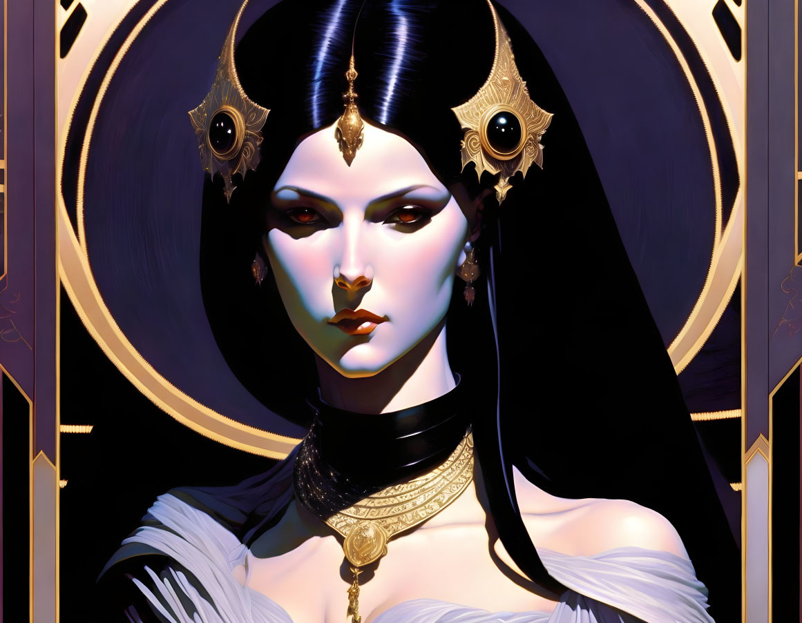 Pale-skinned woman with black hair and golden headdress against ornate backdrop.