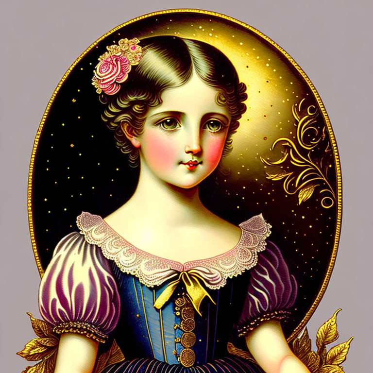 Young girl in blue dress against gold background.