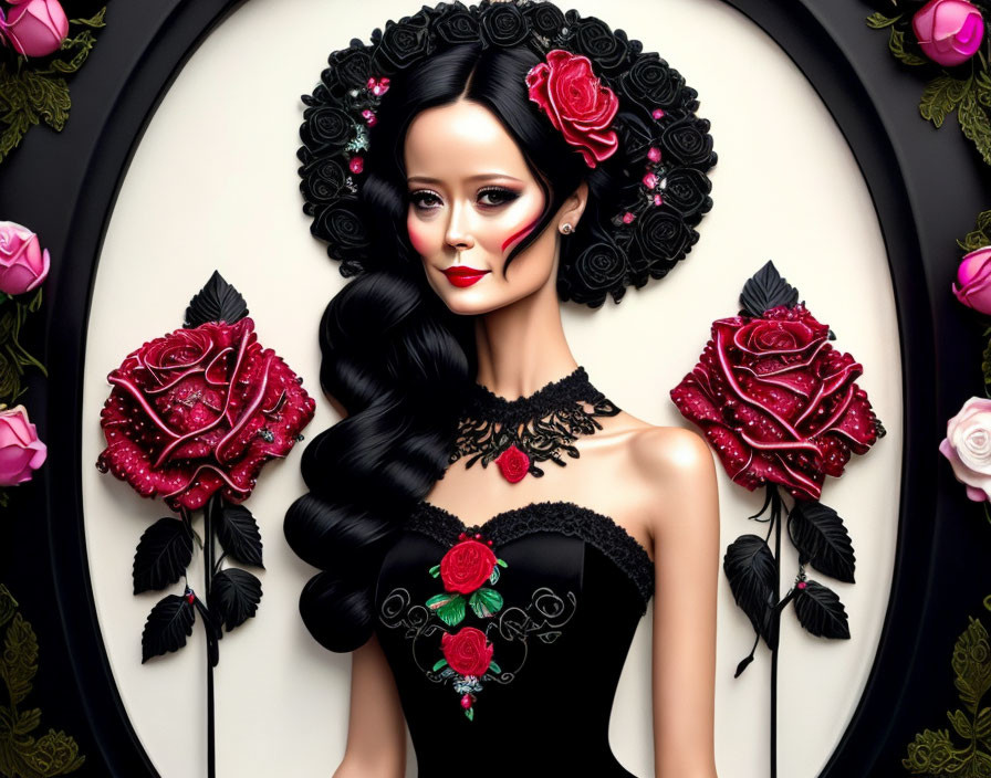 Dark-haired woman with roses in black dress and lace choker on decorative backdrop