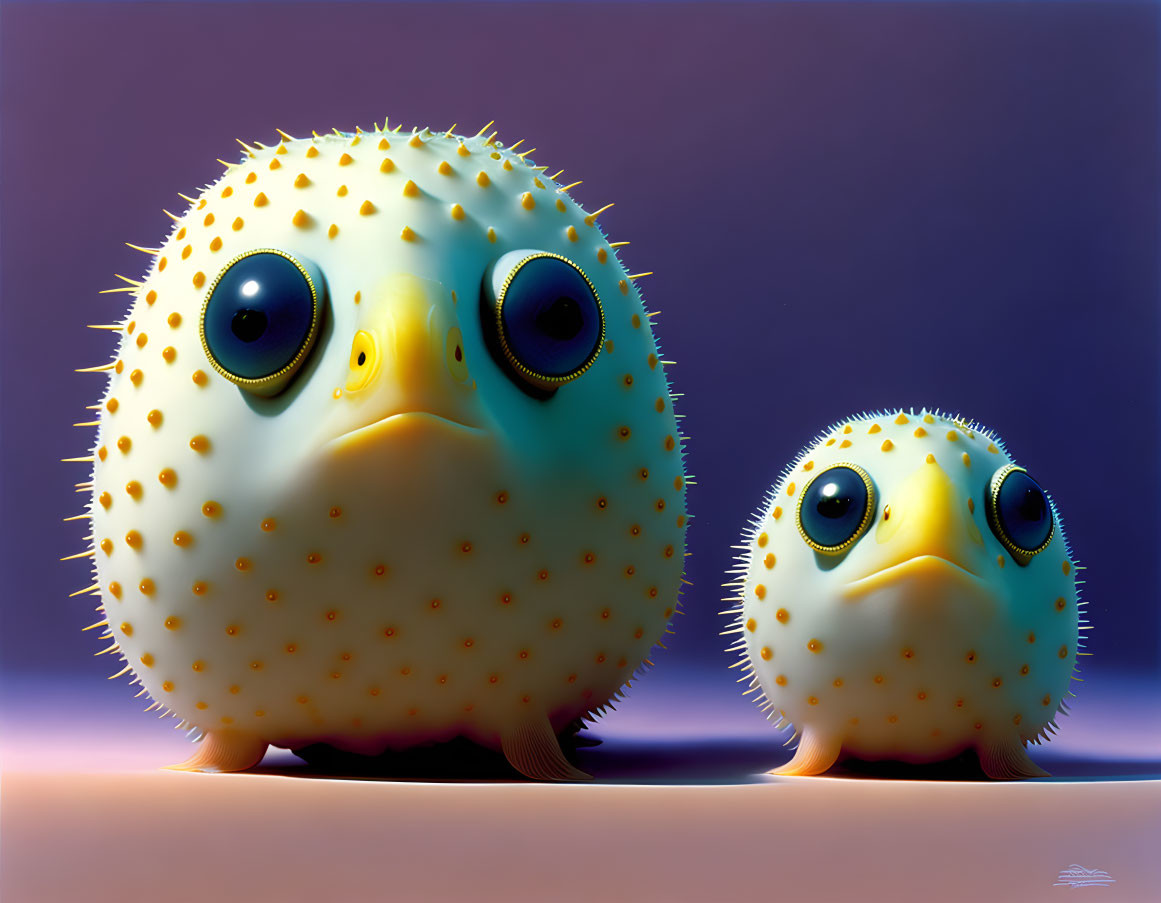 Stylized cartoon creatures: Cute round birds with yellow spiky bodies