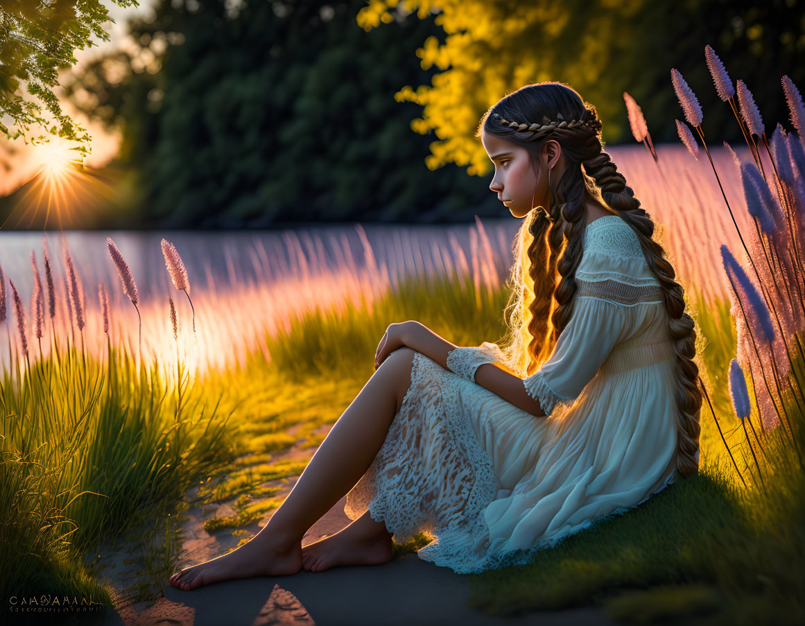 Young girl in white dress with braided hair beside pink flowers at sunset