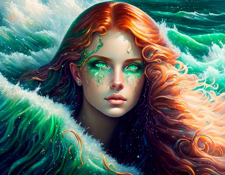 Digital artwork: Mystical woman with red hair merging with emerald sea