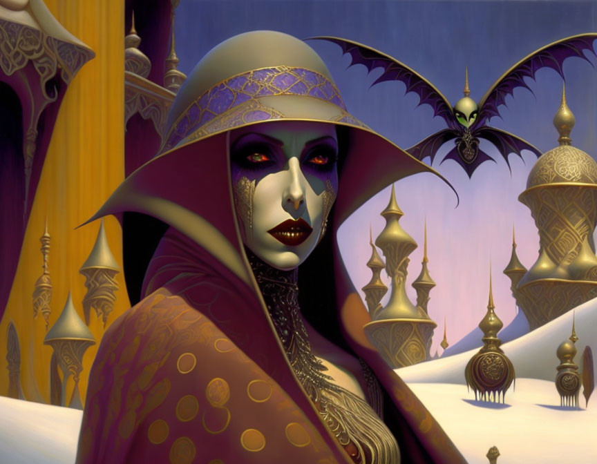 Woman in Purple Hood with Exotic Makeup in Surreal Landscape