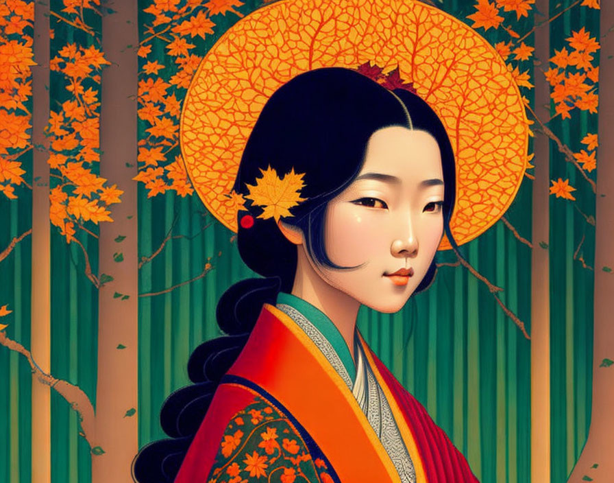 Traditional East Asian woman in red and green kimono among bamboo and maple landscape