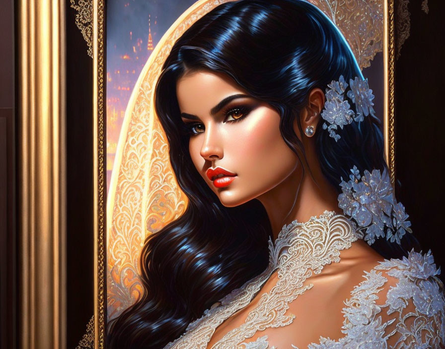 Digital Artwork: Woman with Dark Hair, Fair Skin, and Lace Details