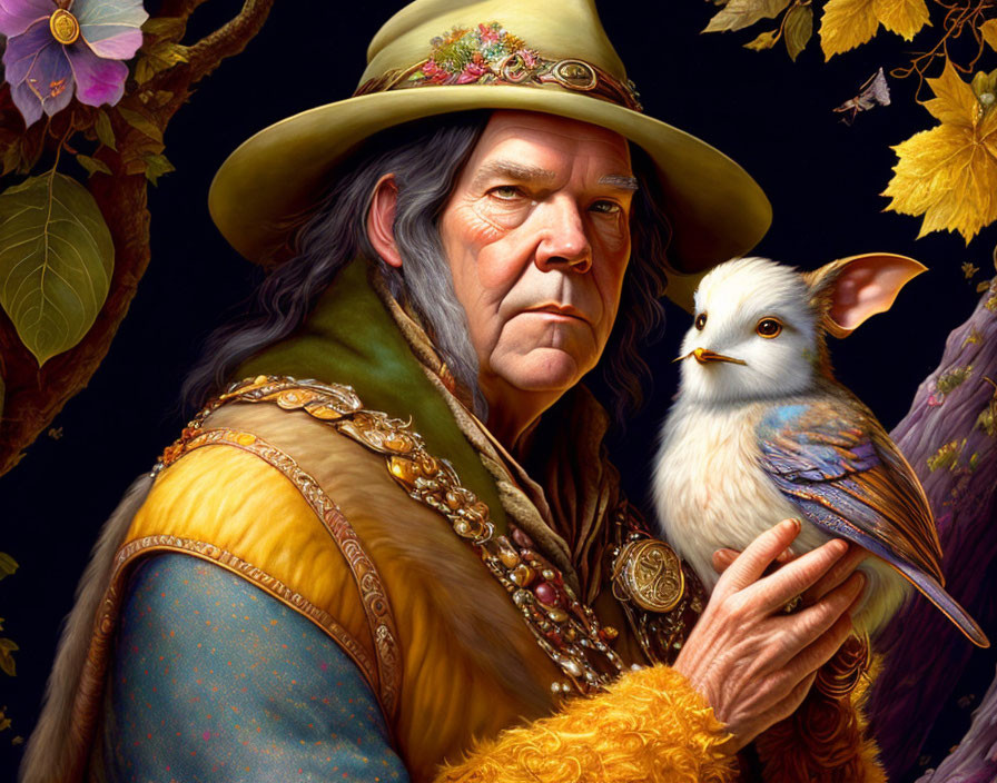 Fantasy portrait of stern-faced man with bird, jewelry, and lush fabrics