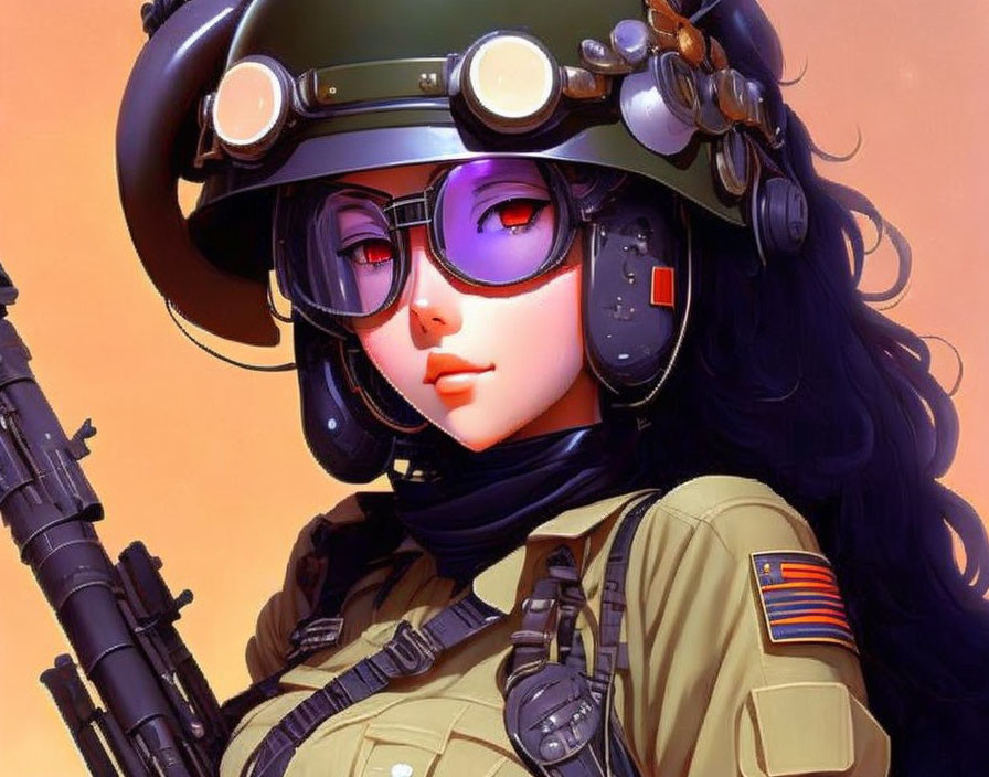 Stylized female character with purple shades and military helmet.