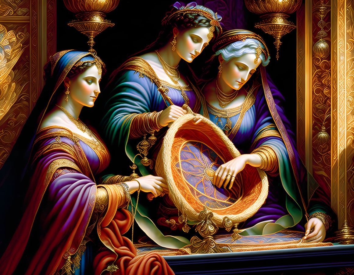 Three women in ornate medieval attire with a golden spinning wheel.