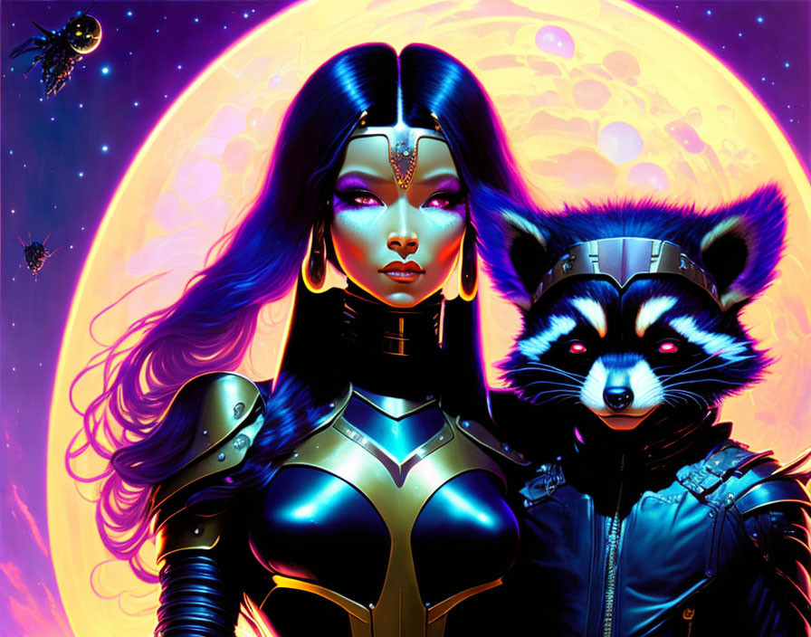 Colorful Female Warrior with Blue Hair and Raccoon in Cosmic Scene