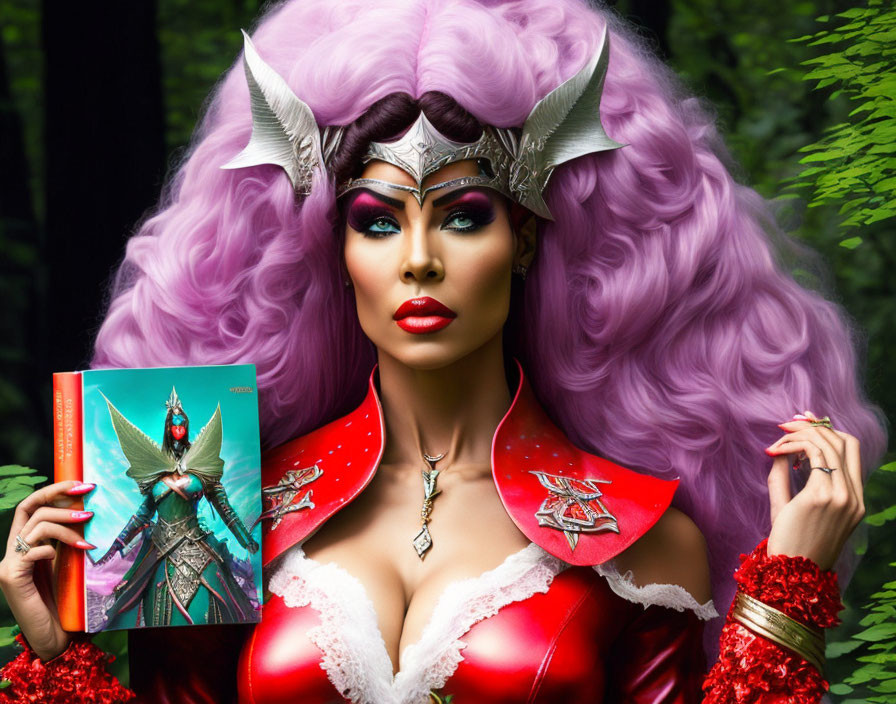 Elaborate fantasy makeup and costume with vibrant comic book in lush forest