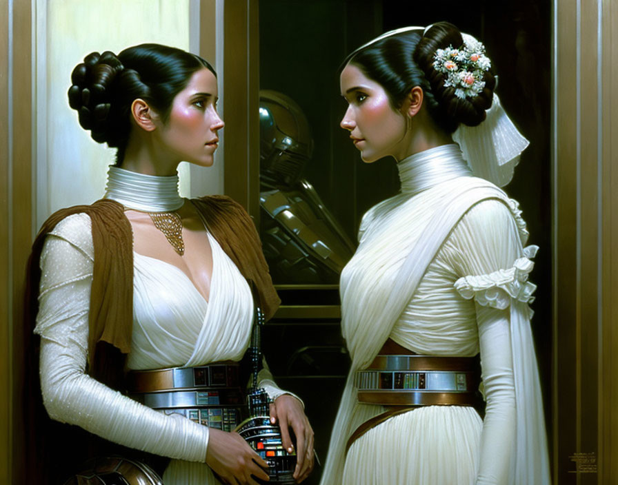 Sci-fi digital painting: Two women in elaborate mirrored hairstyles within metallic frame