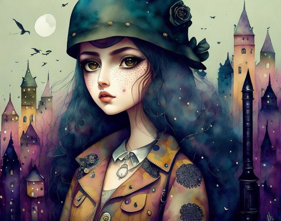 Fantasy illustration of a girl with expressive eyes, vintage attire, hat, castle, and moon.