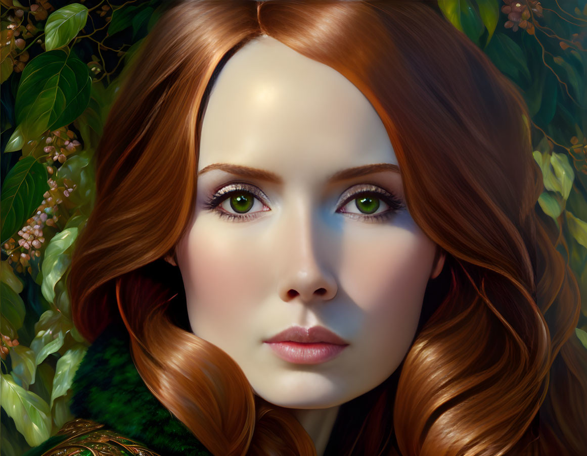 Detailed Portrait: Woman with Green Eyes, Red Hair, Fair Skin, Surrounded by Green Leaves