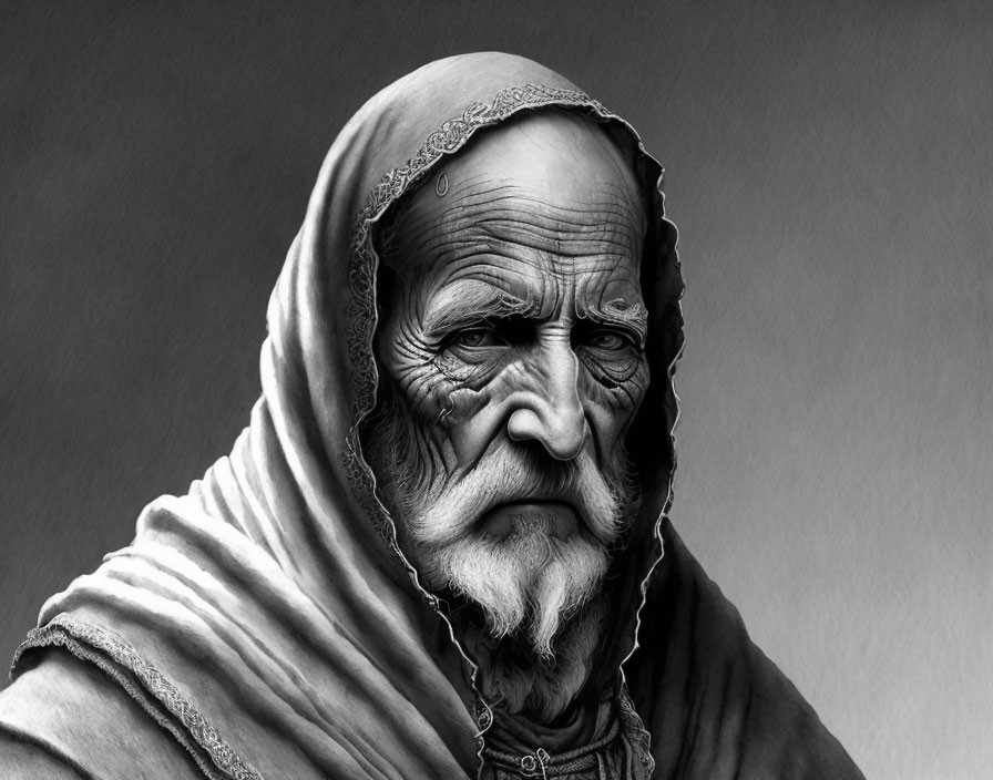 Elderly person in hooded cloak with deep wrinkles