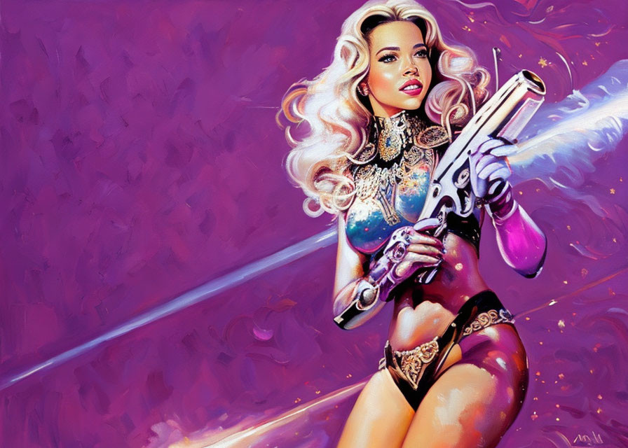 Illustration: Woman with platinum blonde hair holding stylized gun on purple backdrop