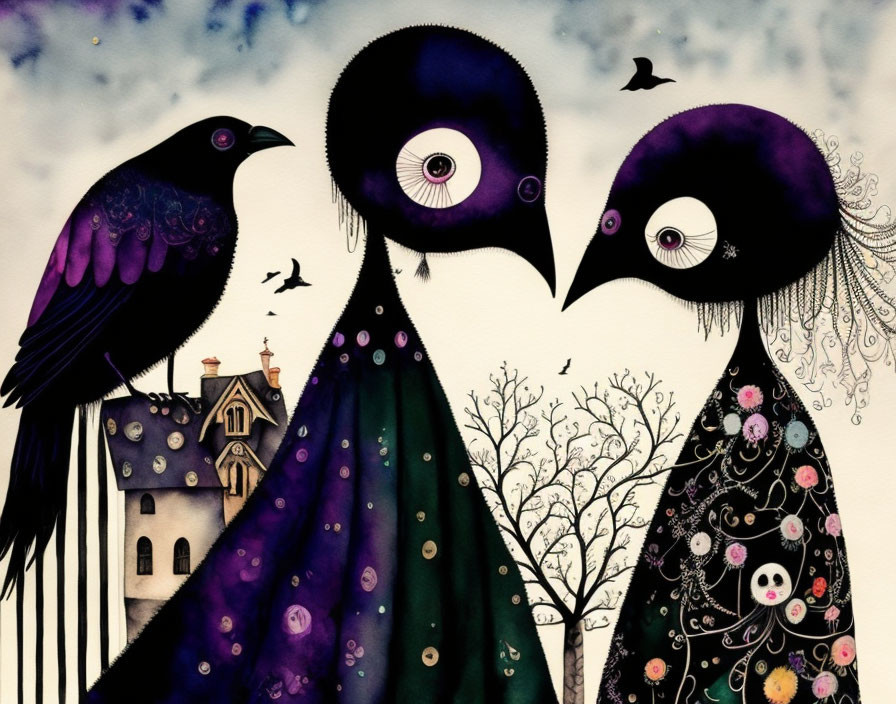 Whimsical illustration of stylized birds in dreamy setting