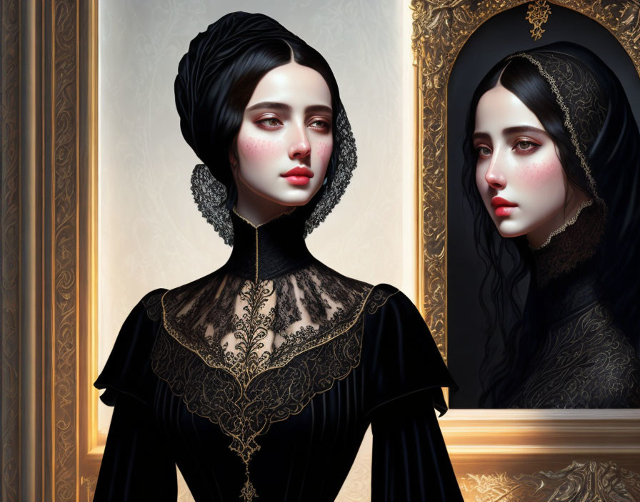 Victorian-era styled woman in elegant black gown with gold lace detailing