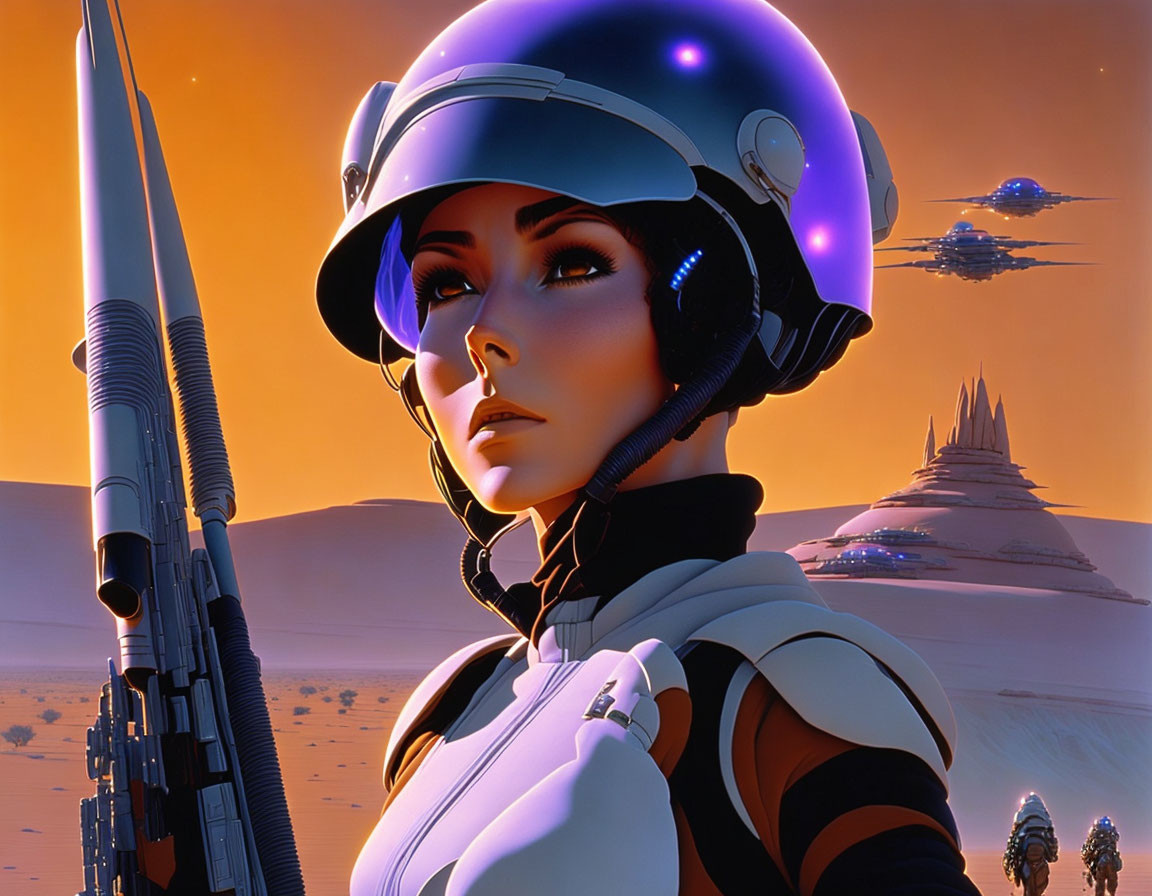 Female astronaut with rifle in futuristic desert landscape.