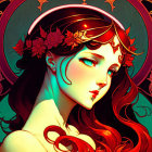 Art Nouveau style illustration: Woman with flowing red hair and red flowers on ornate teal and crimson