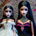 Gothic dolls in detailed attire against floral background