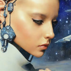 Female android with half-human, half-machined features in space setting.