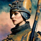 Stylized woman in metallic armor with helmet and lance on cloudy sky background