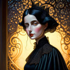 Digital artwork of woman with elegant crown in black gown against glowing circular backdrop.