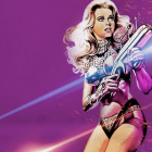 Illustration: Woman with platinum blonde hair holding stylized gun on purple backdrop