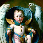 Surreal painting: Boy with angel wings on throne with eagles & birds