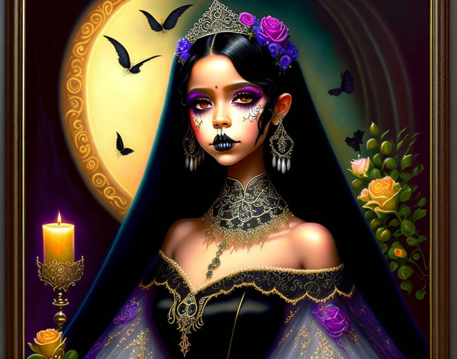 Illustrated portrait of woman with gothic makeup, flowers, jewelry, full moon, and flying birds