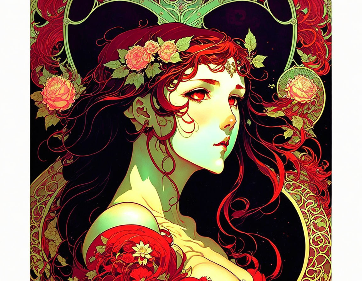 Colorful Female Figure with Red Hair and Floral Adornments in Circular Frame