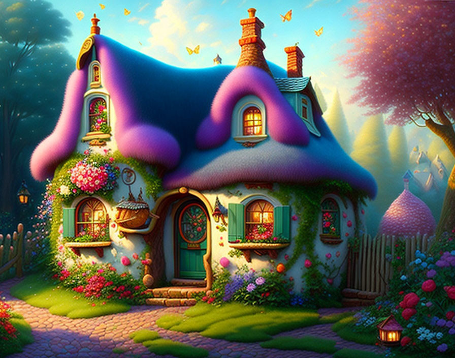 Vibrant fairytale cottage illustration with blue roof and magical glow