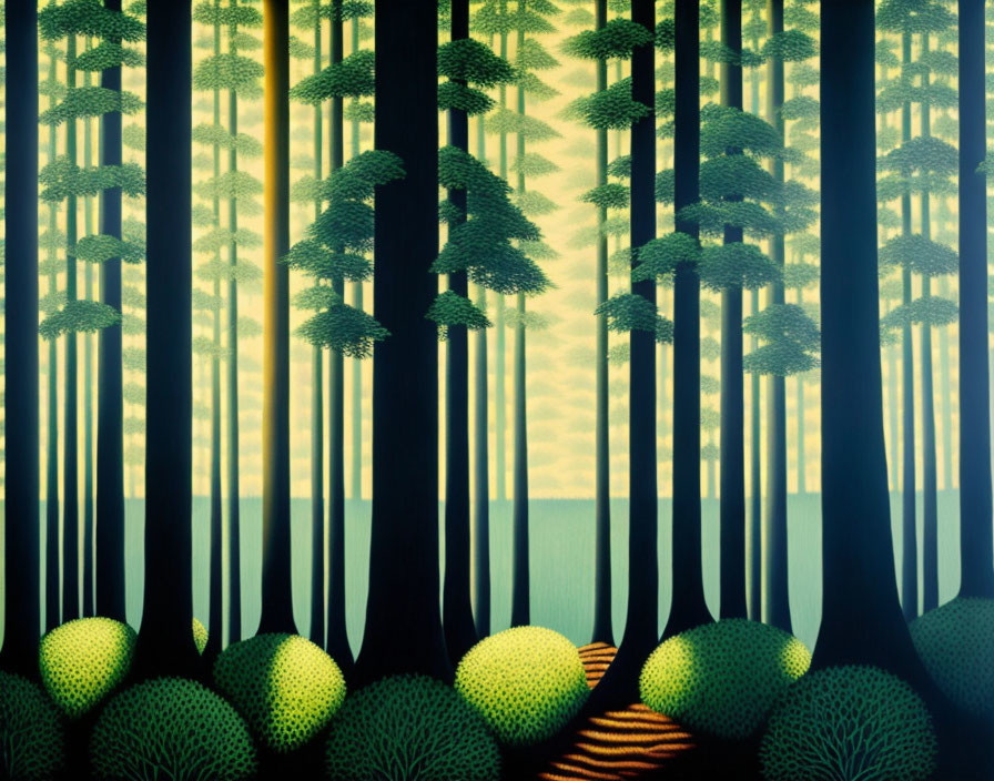 Dark tall trees in stylized forest illustration.