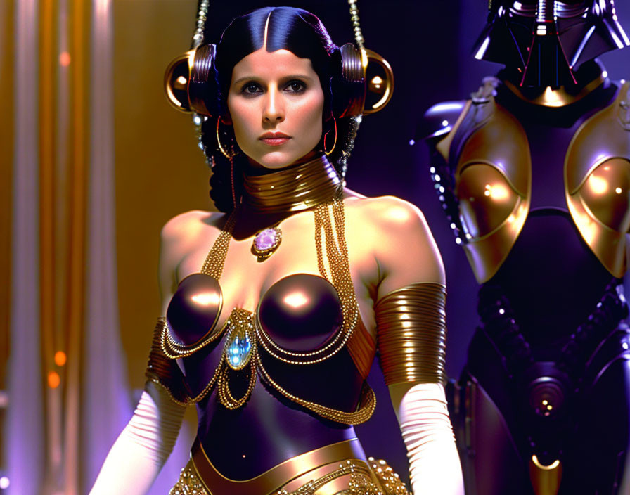 Sci-fi character in golden attire with futuristic headphones on amber-lit backdrop