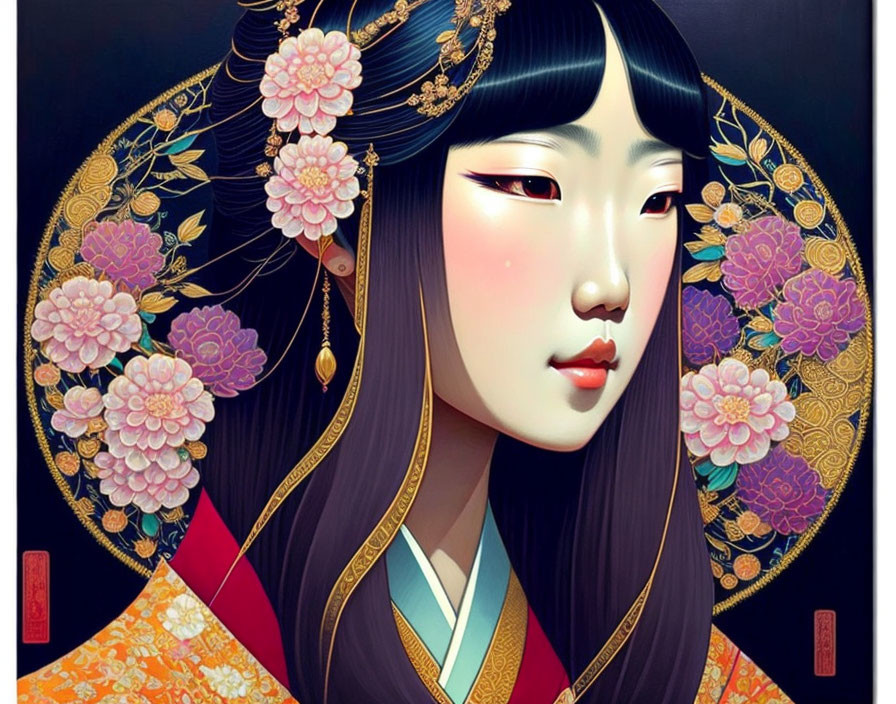 Traditional Asian Woman Illustration with Elaborate Hairstyle and Kimono