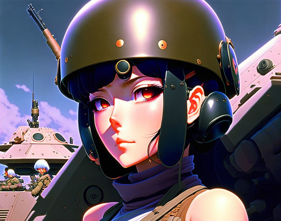 Detailed Anime-Style Female Character with Helmet and Futuristic Military Background