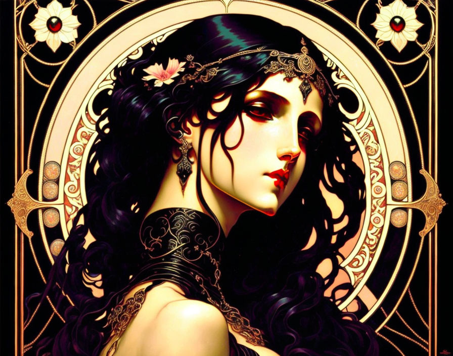 Art Nouveau style portrait of a woman with intricate floral patterns