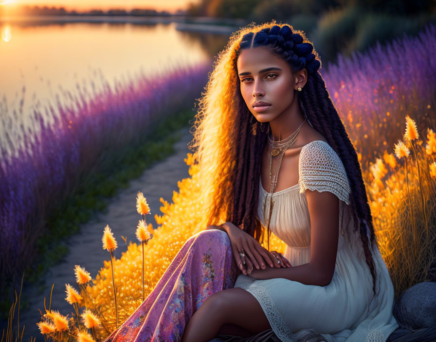 Woman with braided hair by lake at sunset, surrounded by purple flowers in white lace dress